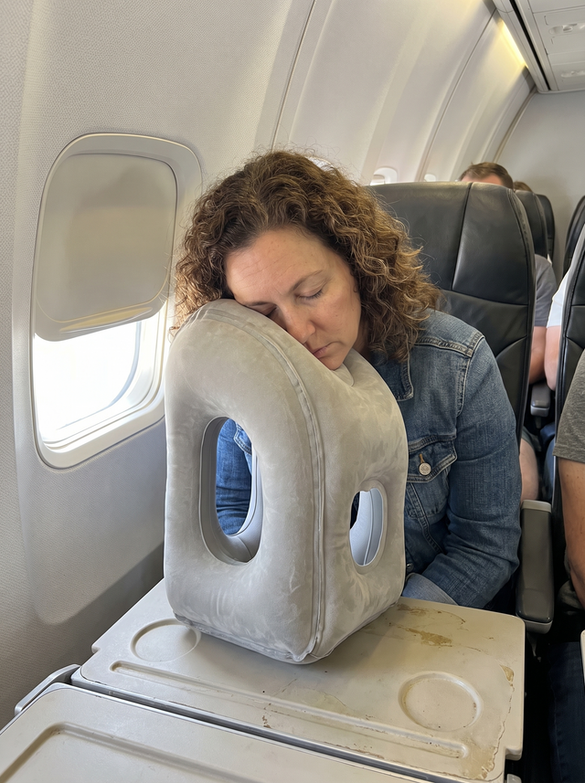 Carmen Diaz using the travel pillow on a flight