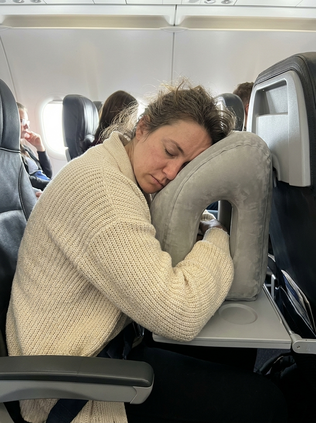 Melissa Grant using the travel pillow on a flight