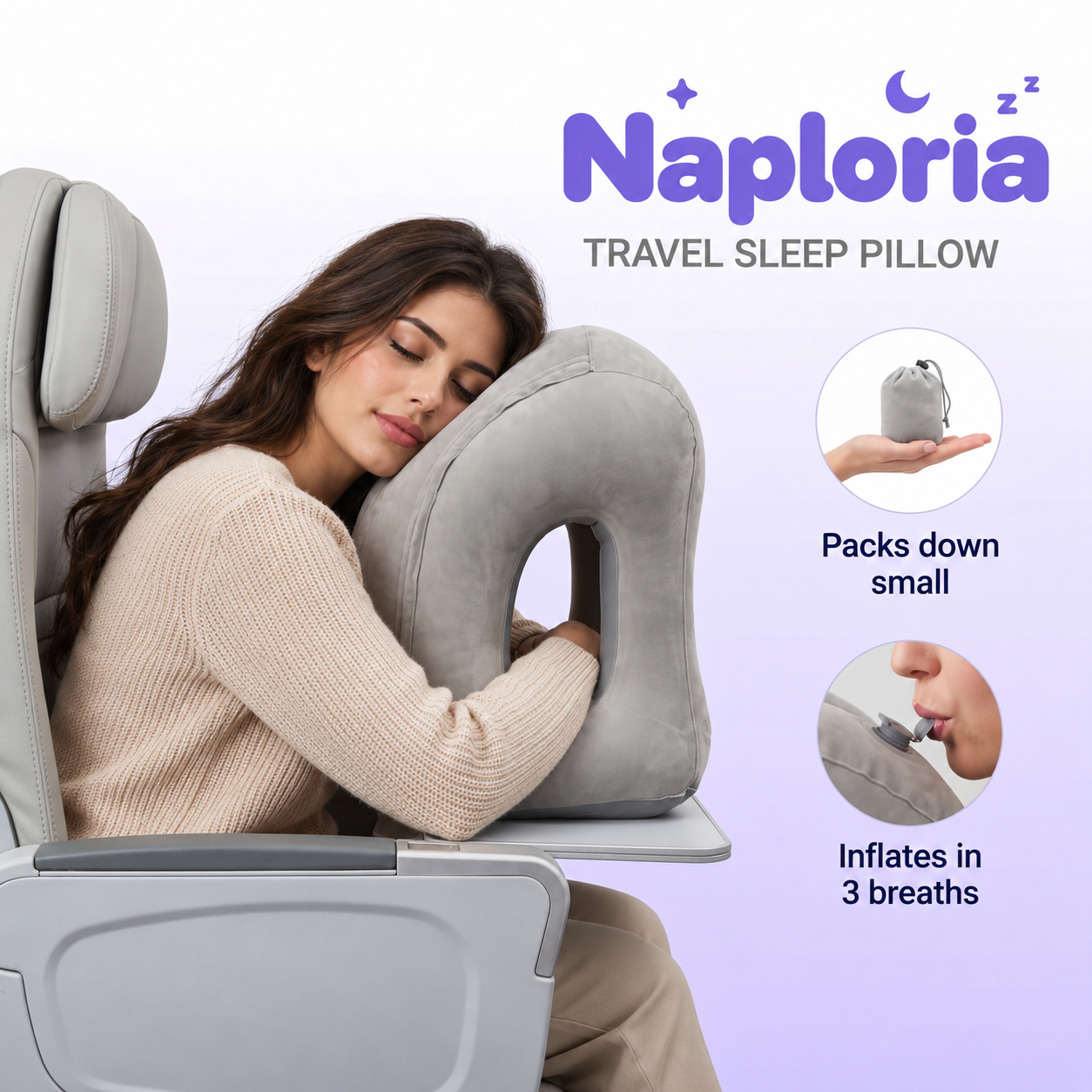 Naploria travel pillow on a plane